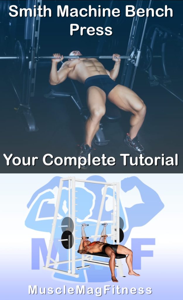 Pin image for smith bench press post. With an image of a man performing the exercise on Top and a graphic of the exercise on the Bottom.