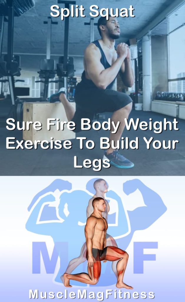 Pin image for split squat post. With an image of a man performing the exercise on Top and a graphic of the exercise on the Bottom.