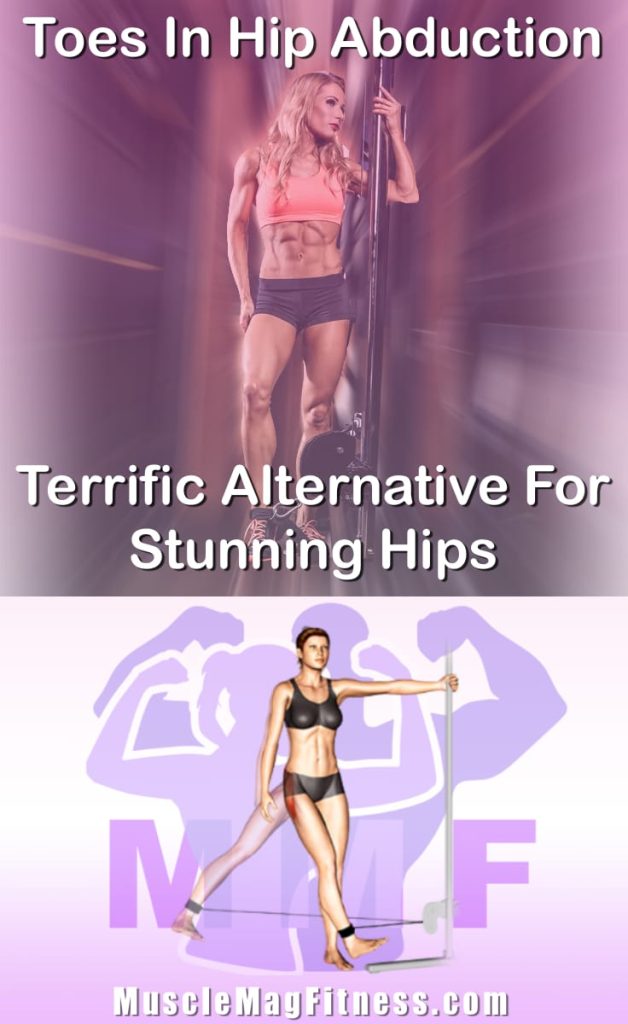 Pin image for toes in hip abduction post. With an image of a woman performing the exercise on Top and a graphic of the exercise on the Bottom.