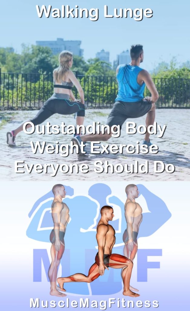 Pin image for walking lunge post. With an image of a man performing the exercise on Top and a graphic of the exercise on the Bottom.