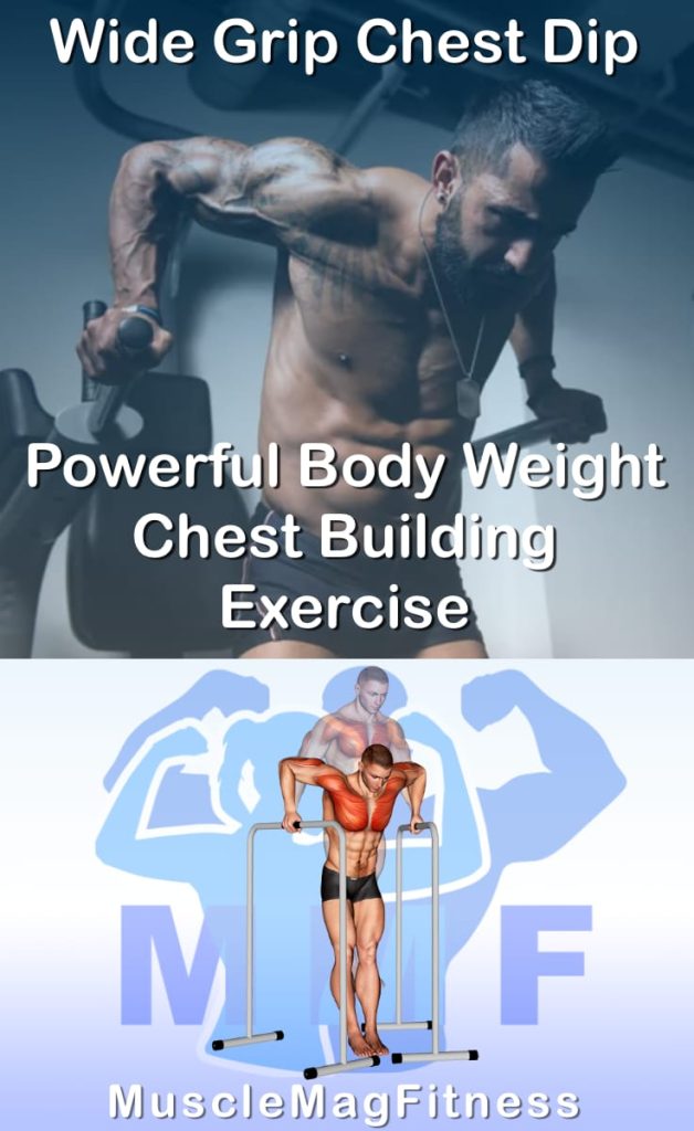 Pin image for wide grip chest dip post. With an image of a man performing the exercise on Top and a graphic of the exercise on the Bottom.