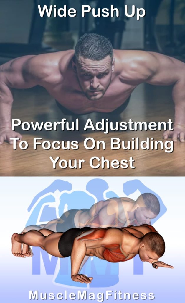 Pin image for wide push up post. With an image of a man performing the exercise on Top and a graphic of the exercise on the Bottom.