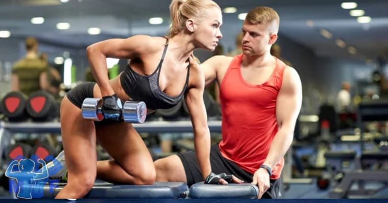 Fit Woman Lift Weights with a Man Trainer Spotting Her benefits of resistance training