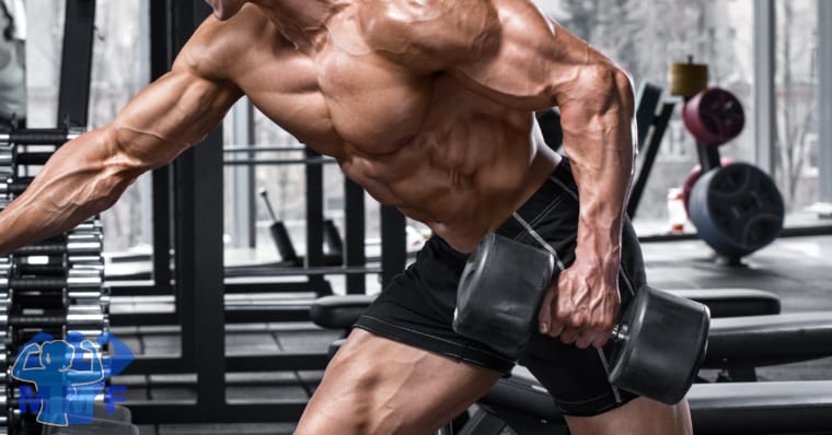 Male body builder performing dumbbell lat exercise dumbbell rows.