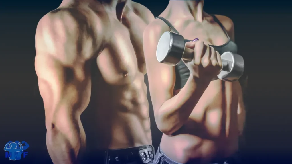 Strong man and woman posing with a dumbbell