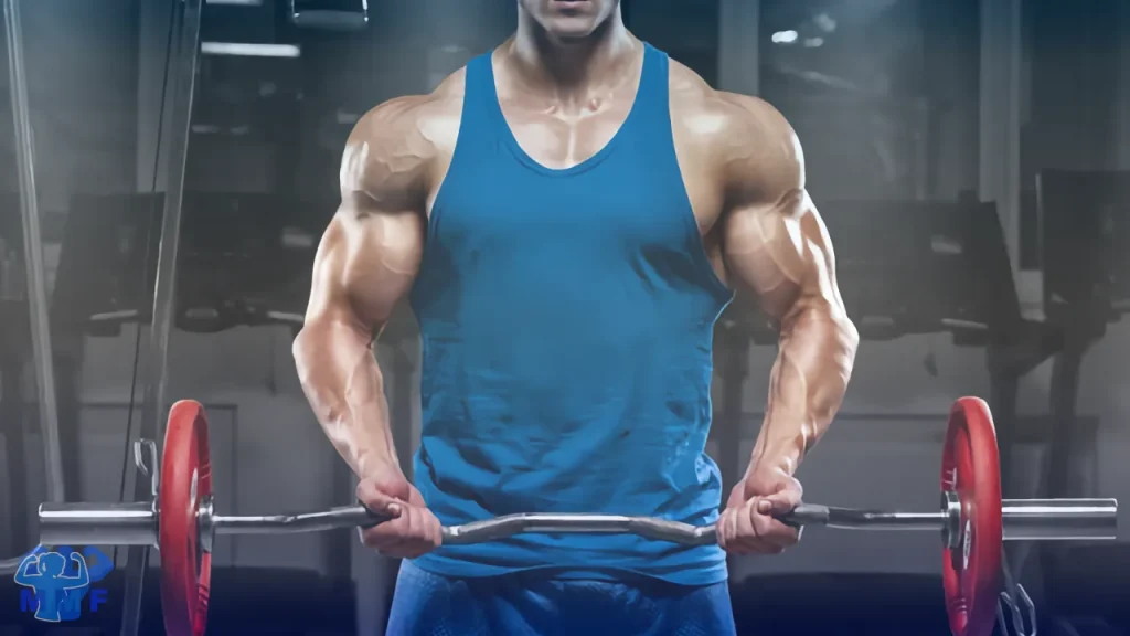 Man performing ez bar barbell curls